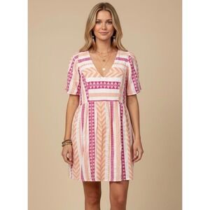 Old Navy Pink Orange Geometric V-Neck Mini Dress Size Medium Boho  Cotton Blend